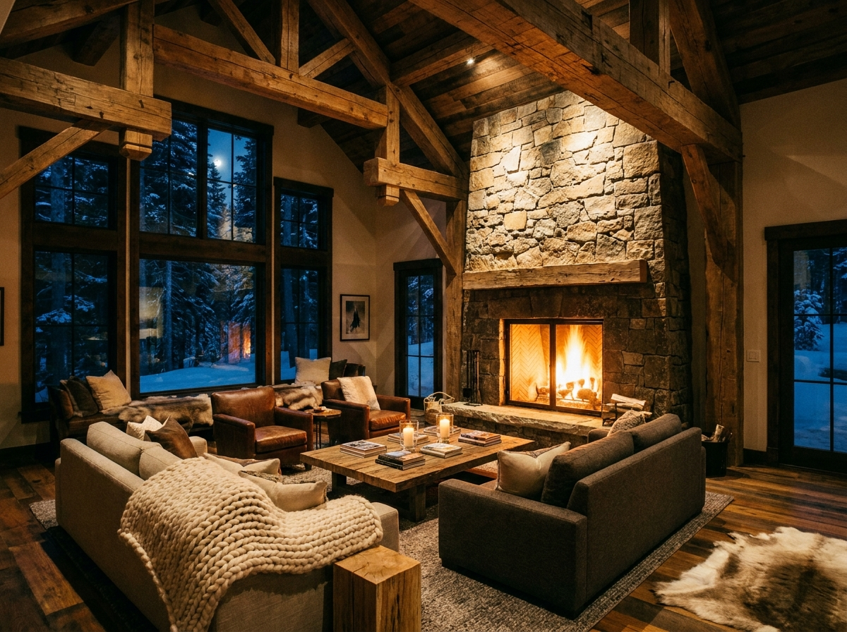 Wood-fired great room with stone fireplace