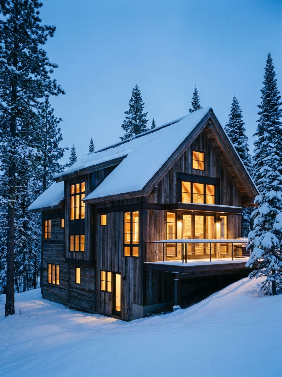 The Ridge residence lit at dusk in the snow