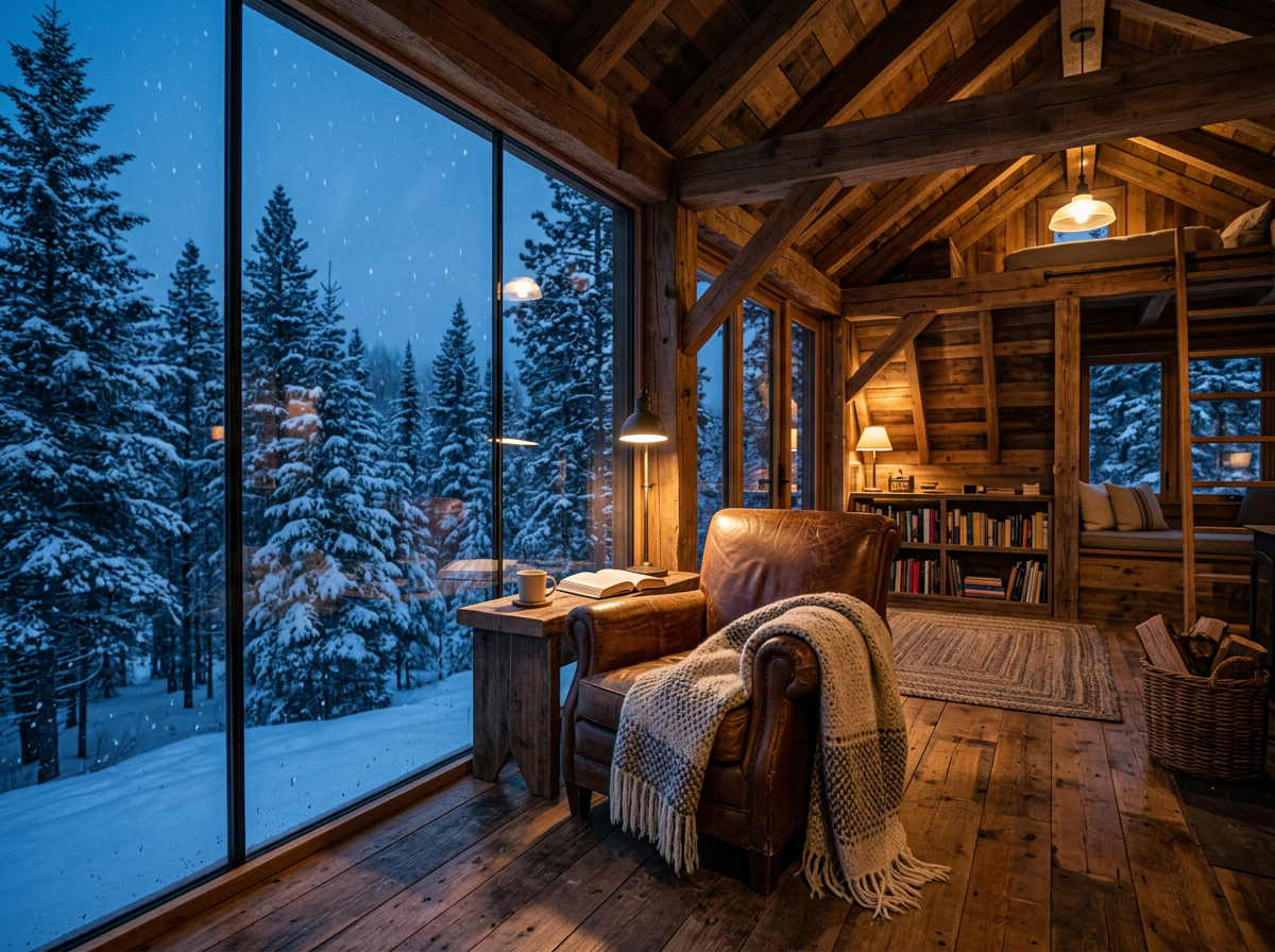 Glass-walled reading loft over the snowy forest