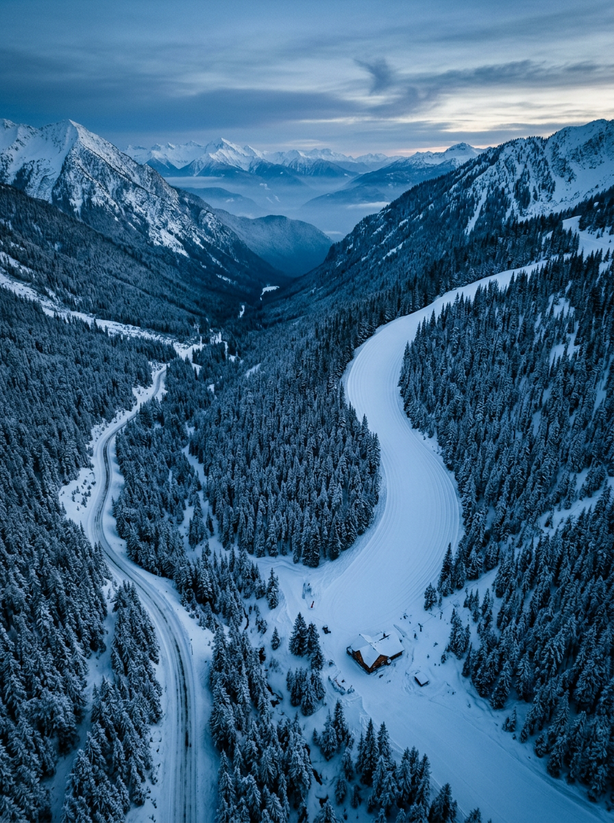 Cascade Pass valley under snow at dusk